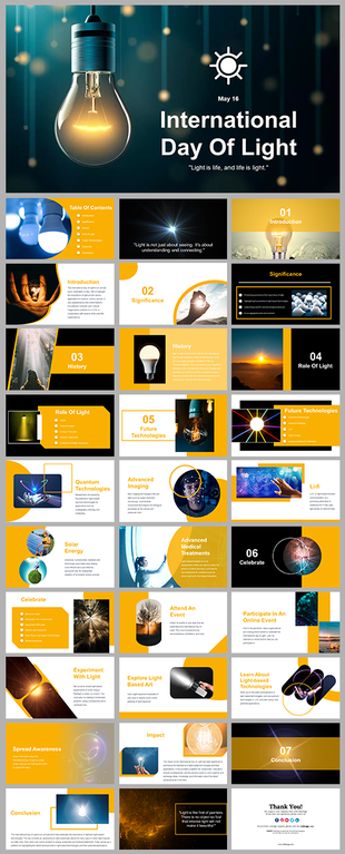 A pack of International Day of Light featuring a lit bulb and a quote about the importance of light with images and text.