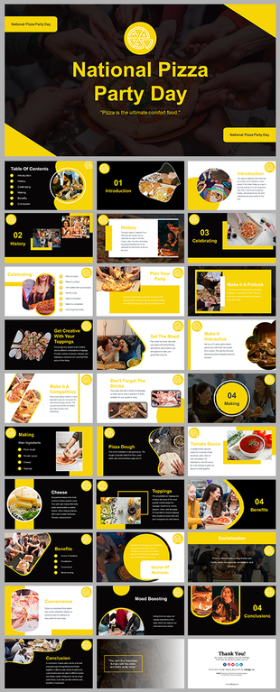 National Pizza Party day slides with tips on how to celebrate, make pizza, and enjoy the social benefits.