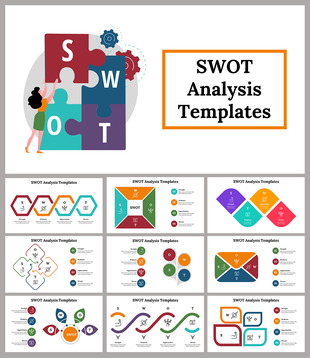 Collection of colorful SWOT analysis templates with creative shapes, featuring hexagons, arrows, circles, and squares.