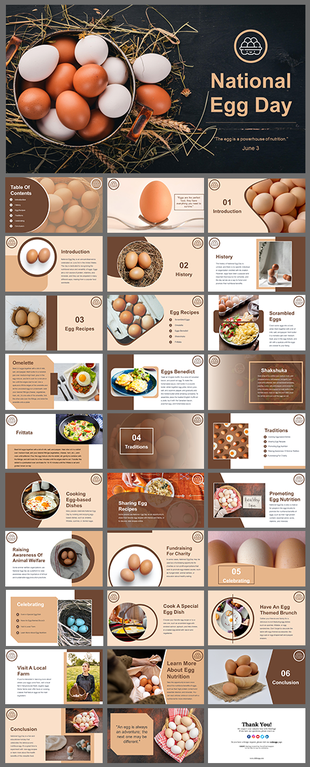 Egg-themed slide deck showcasing recipes, cultural significance, and educational content about eggs.