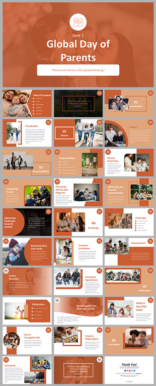 A slide deck with a family-focused message for Global Day of Parents, showing an icon, date, and family-related quote.