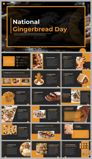 Slide deck with holiday treats and gingerbread graphics, structured in orange and gray sections for topics.
