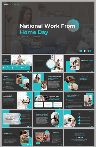 Dark themed slide deck with turquoise accents, focusing on national work from home day, benefits, and tips for remote work.