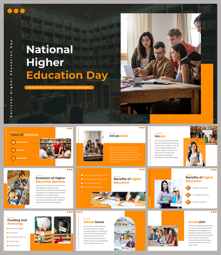 National higher education day slides with orange accents, showcasing images of students, history, and benefits.