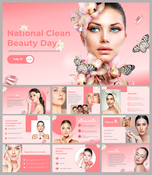 A pack of national clean beauty day slides featuring skincare tips, and natural beauty routines on a pink background.