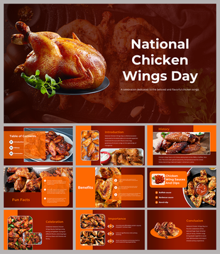 National chicken wings day cover slides featuring visuals and slide previews focusing on chicken wing benefits.