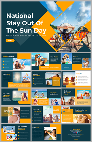 Blue and yellow themed slides with images of people enjoying the sun, sharing tips on sunscreen, safety, and eye protection.