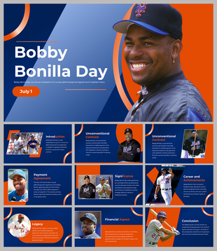 A slide deck about Bobby Bonilla day, focusing on his unique contract, payment agreement, and legacy in baseball.
