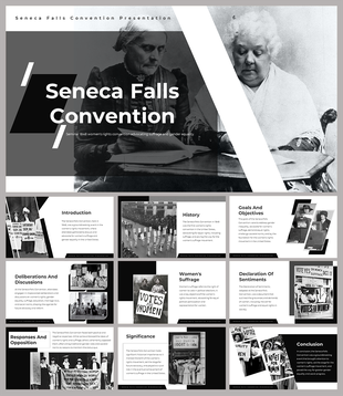 A pack of Seneca Falls Convention slides showcasing key figures and black and white images with text descriptions.