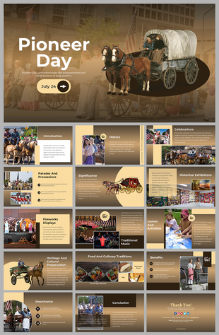 Slide pack showcasing Pioneer day with visuals of horses, wagons, parades, and cultural traditions in brown and gold theme.