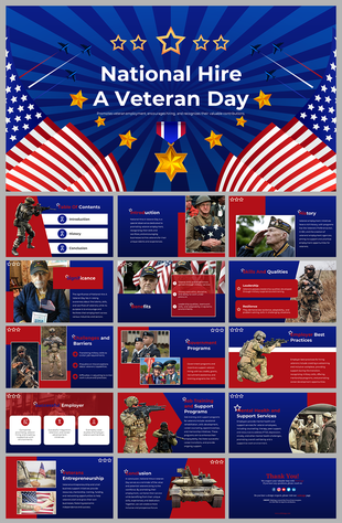 National Hire A Veteran day with slides on history, challenges, skills, benefits, and government programs for veterans.
