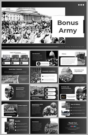 Monochrome slide deck highlighting bonus army, featuring historical images and structured text sections.