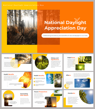 National daylight appreciation day slide deck showcasing natural daylight benefits with scenic imagery and sections.
