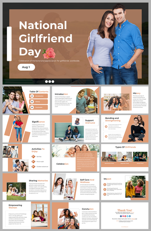 National girlfriend day slide deck with sections on history, significance, activities, and celebrating female friendships.