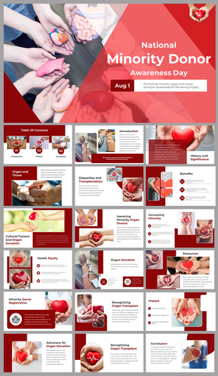 National Minority Awareness day PPT slides focusing on cultural factors and increasing organ donors on a red theme.