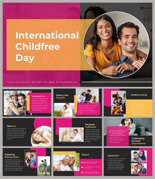 International childfree day slide deck with a photo of a happy couple, placed alongside the event title in bold text.