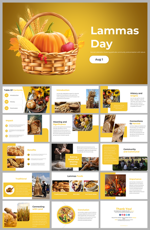 Lammas day slide deck featuring harvest symbols and sections on history, significance, and communal practices.