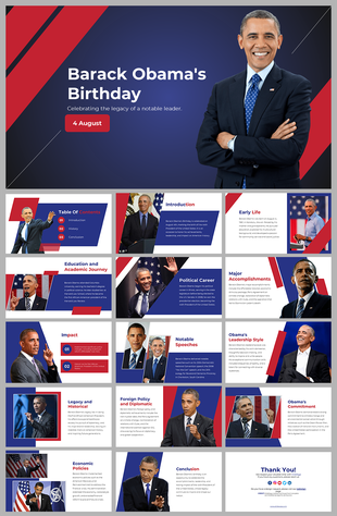 Barack Obama themed slides with red, white, and blue accents, detailing his journey, achievements, and leadership impact.