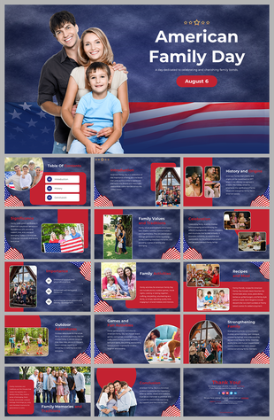 Slide deck with a blue and red patriotic theme, featuring images of families, stars, and flag motifs with text sections.