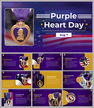 Purple heart day slide layout with the topics covering history, significance, and eligibility of the award.