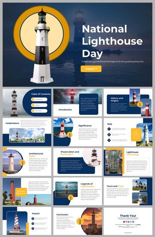 Slide deck with dark blue theme, featuring various lighthouses and their historical significance, with yellow accents.