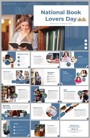 Book themed slide deck with blue and white tones, featuring images of readers and sections discussing literature and reading.
