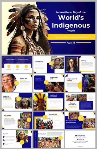 Pack of slides with indigenous people images in blue and yellow accents, detailing rights, cultural heritage, and health.
