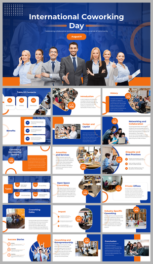 Slide deck for International coworking day featuring team images, layout styles, and benefits in blue and orange.