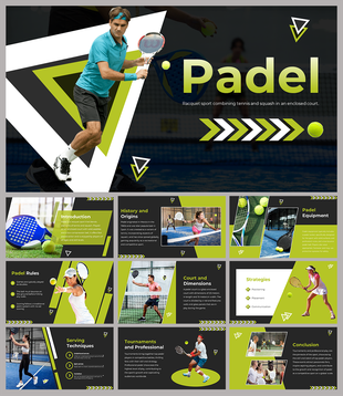 Padel slide pack with images of players and racquets, and various informative sections in green and black theme.