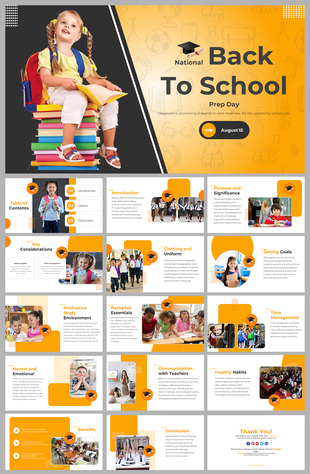National Back to School Prep day slides featuring a child with books and themed school illustrations.