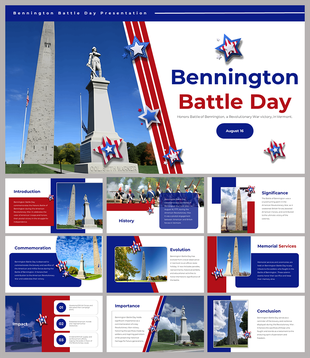 Slide deck for Bennington Battle day, featuring historical landmarks and Revolutionary War visuals.