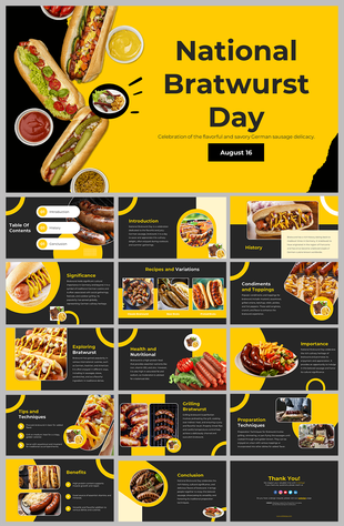 National bratwurst day slide deck with various bratwursts on a yellow background, celebrated on August 16.