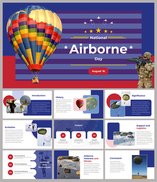Slide deck for airborne day with vibrant designs, historical highlights, and sections on logistics and significance.