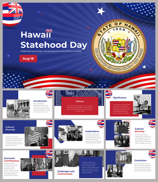 Hawaii statehood day slides featuring the State of Hawaii seal and patriotic colors, celebrated on August 18.