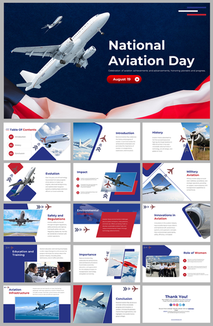 National Aviation day slides celebrating achievements in aviation with images and text descriptions.