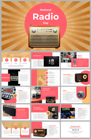 National radio day slide deck with vintage radios highlighting radio's impact on entertainment.