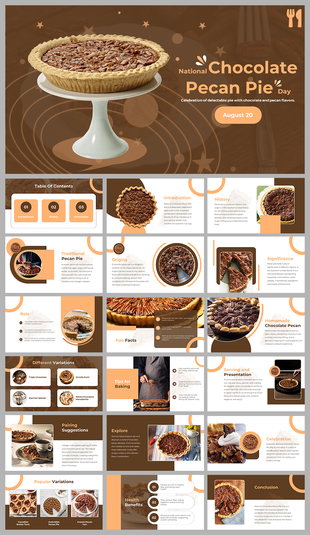Chocolate pecan pie themed slides covering topics like origins, variations, and health benefits of the dessert.