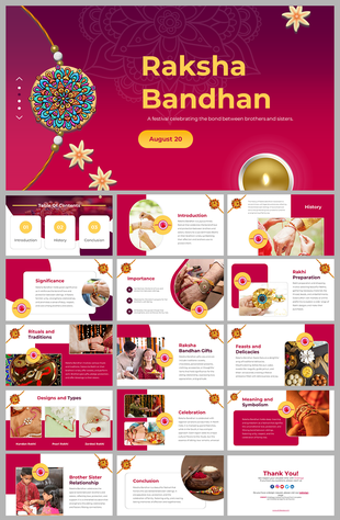 Raksha bandhan festival themed showcasing slides on rituals, history, significance, and rakhi gifts on a pink backdrop.