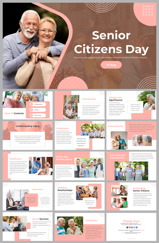 Set of slides on aging, healthcare and activities with an elderly couple images on peach colored design.