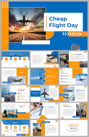 Cheap Flight Day slide deck with airplane, blue orange theme, and placeholders for tips, strategies, and travel benefits.