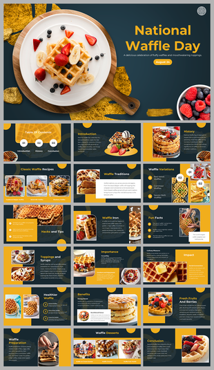Slide deck design for national waffle day with a focus on waffles and berries, paired with yellow and dark-themed sections.