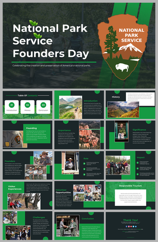 Slide deck for National Park Service Founders day covering various topics on a green theme.
