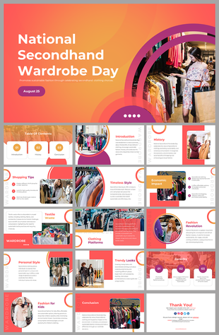 National Secondhand Wardrobe day slides cover shopping tips, timeless style, textile waste, and the benefits of clothing.