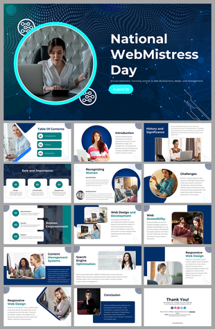 Slides for National WebMistress Day highlighting the role and importance of women in the field of web development.