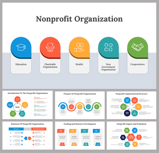 Slide deck with bold icons, rounded shapes, and vibrant colors depicting nonprofit organization topics.