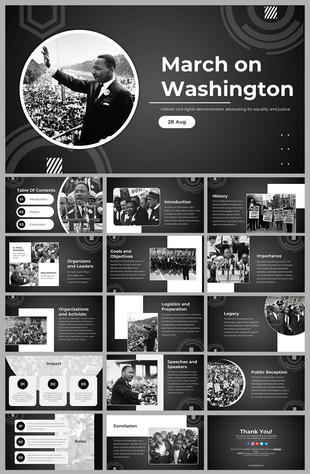 Slide deck cover for March on Washington with black-and-white photos and slide previews on civil rights history and activism.