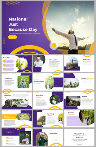 National just because day, exploring embracing spontaneity, spreading joy, and trying new experiences, with purple accents.