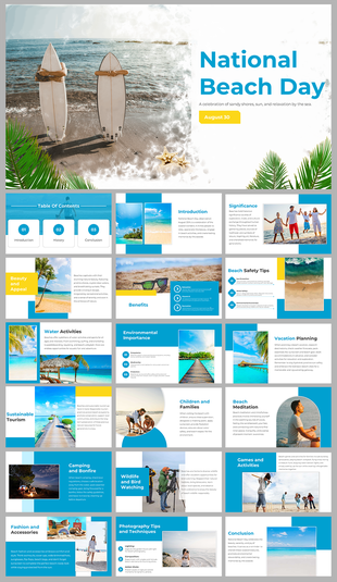 National Beach Day slide deck with ocean visuals, blue yellow theme, and placeholders for activities, benefits, and safety.