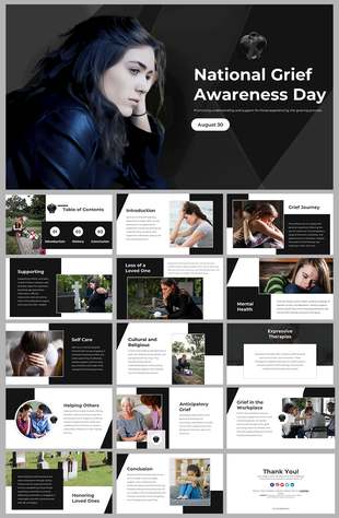 National Grief Awareness day slides highlighting topics like grief journey, mental health, and honoring loved ones.