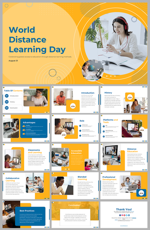 World distance learning day slides covering the history, role, and advantages of the education, using yellow accents.